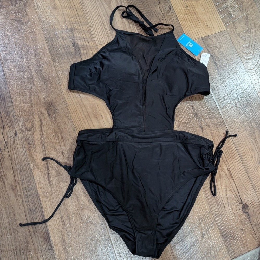 Cupshe One Piece Swimsuit Womens XL Black NWT Mesh High Neck Monokini Cutout